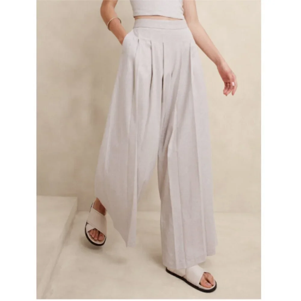 Banana Republic Linen-Blend PALAZZO Black BOHO Pant Size 4 PETITE #852050 RT$110